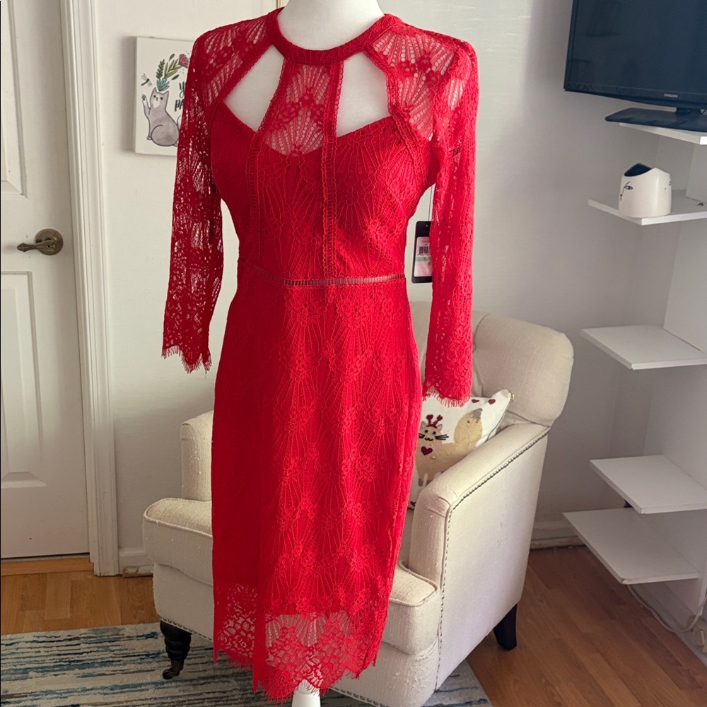 Guess Red Long Sleeve Lace Dress